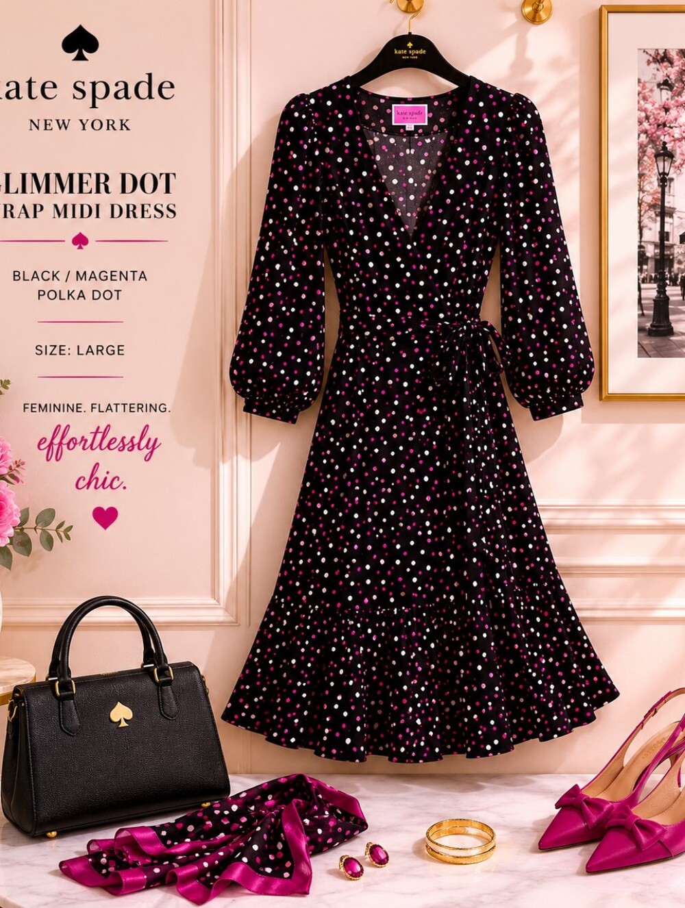 Kate Spade Glimmer Dot Wrap Midi Dress | Black Pink Polka Dot | Large | Like New - Picture 4 of 14